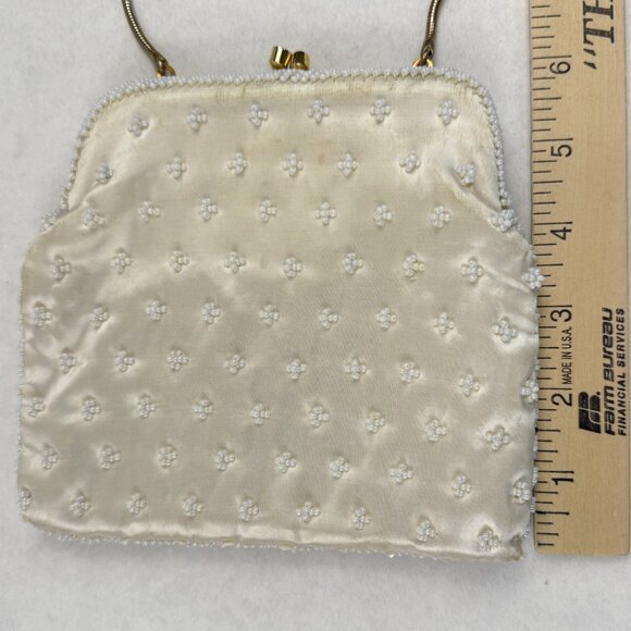 Vintage Womens White Beaded Geometric Floral Evening Bag Small Clutch Purse HK - Picture 12 of 12